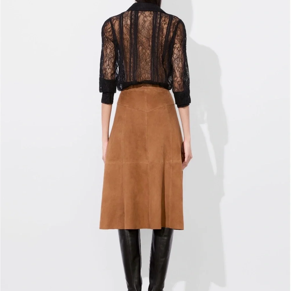 Alice + Olivia Calica Suede Camel Skirt Button-Front A-Line Lambskin - Picture 4 of 9